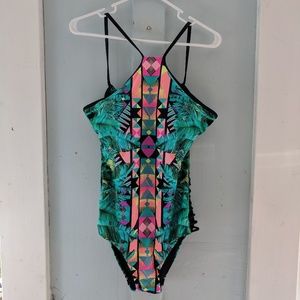 One piece, low back, halter neck swimsuit